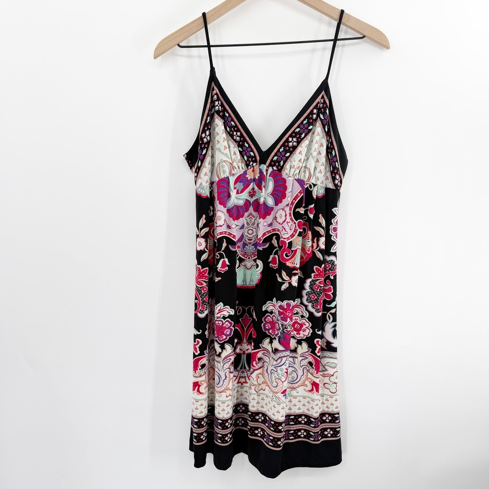 Vintage Y2K‎ Babydoll Slip Dress Floral Boho Print in Black Pink Size Medium